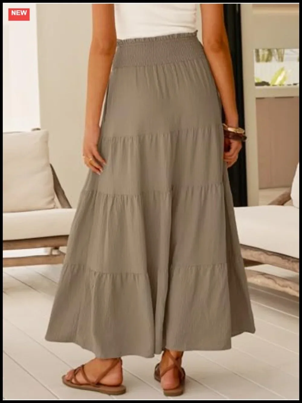 Women's Flowy Tiered Maxi Skirt Elastic High Waist A-Line Boho Long